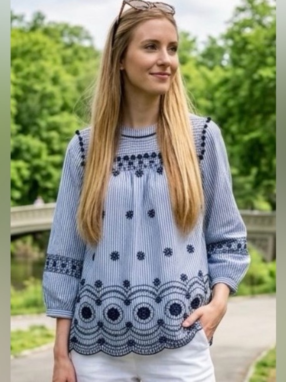 Crown & Ivy Striped Embroidered Scalloped Hem Top